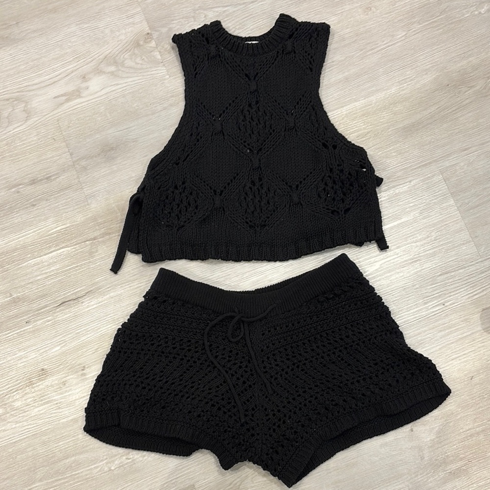Black Knit Sleeveless Top and Shorts Set